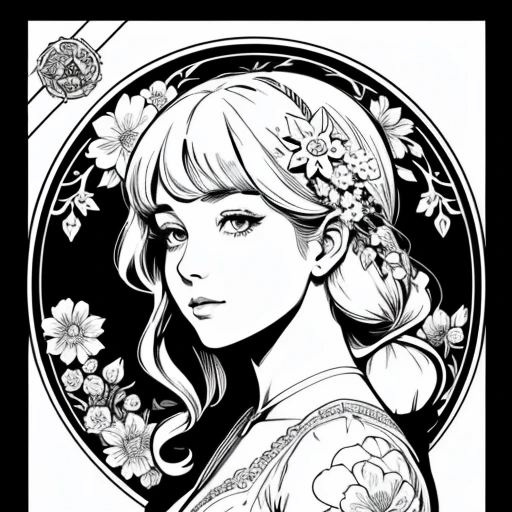 Black and white bar figure 1 Girl with flowers,  vecter art, minimalist, high contrast, Many flowers in the background,  Alphonse Mucha style, Picture Frame, Wearing a flowered dress, Delicate ink line drawings, Comic book style, Portrait of a Prussian girl, Marilyn Munro, Hollywood highlights, Beautiful line art, black and white Comic book style, Manga Style, Manga art style, Pencil and ink caricature, Black and white coloring