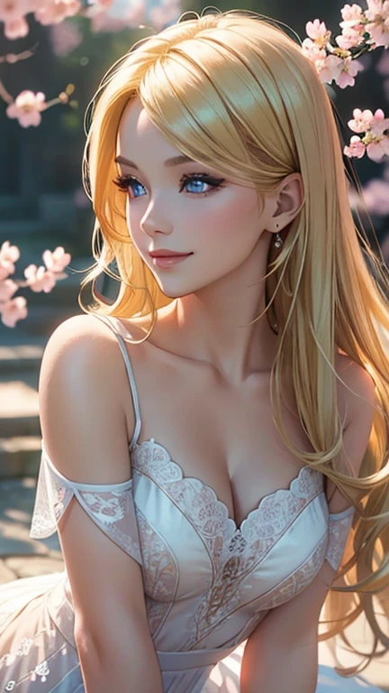 (best quality,ultra-detailed,photo-realistic:1.37),bright and vibrant colors,studio lighting,playful expression,stylish makeup,long blonde hair flowing in the wind,alluring eyes,glossy lips,sexy pose, Cherry Blossom, smiling in a confident and seductive way,posing for a professional photoshoot,shallow depth of field,highlighting the main subject,soft natural lighting,creating a dreamy and magical atmosphere.