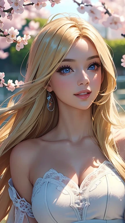 (Best quality,ultra detailed,photorealistic:1.37),bright and rich colors,studio lighting,playful facial expression,stylish makeup,Long blonde hair fluttering in the wind,inviting eyes,glossy lips,sexy pose, cherry blossom, I smile confidently and seductively,posing for a professional photo shoot,shallow depth of field,highlighting the main subject,soft natural lighting,Creating a dreamy and magical atmosphere.
