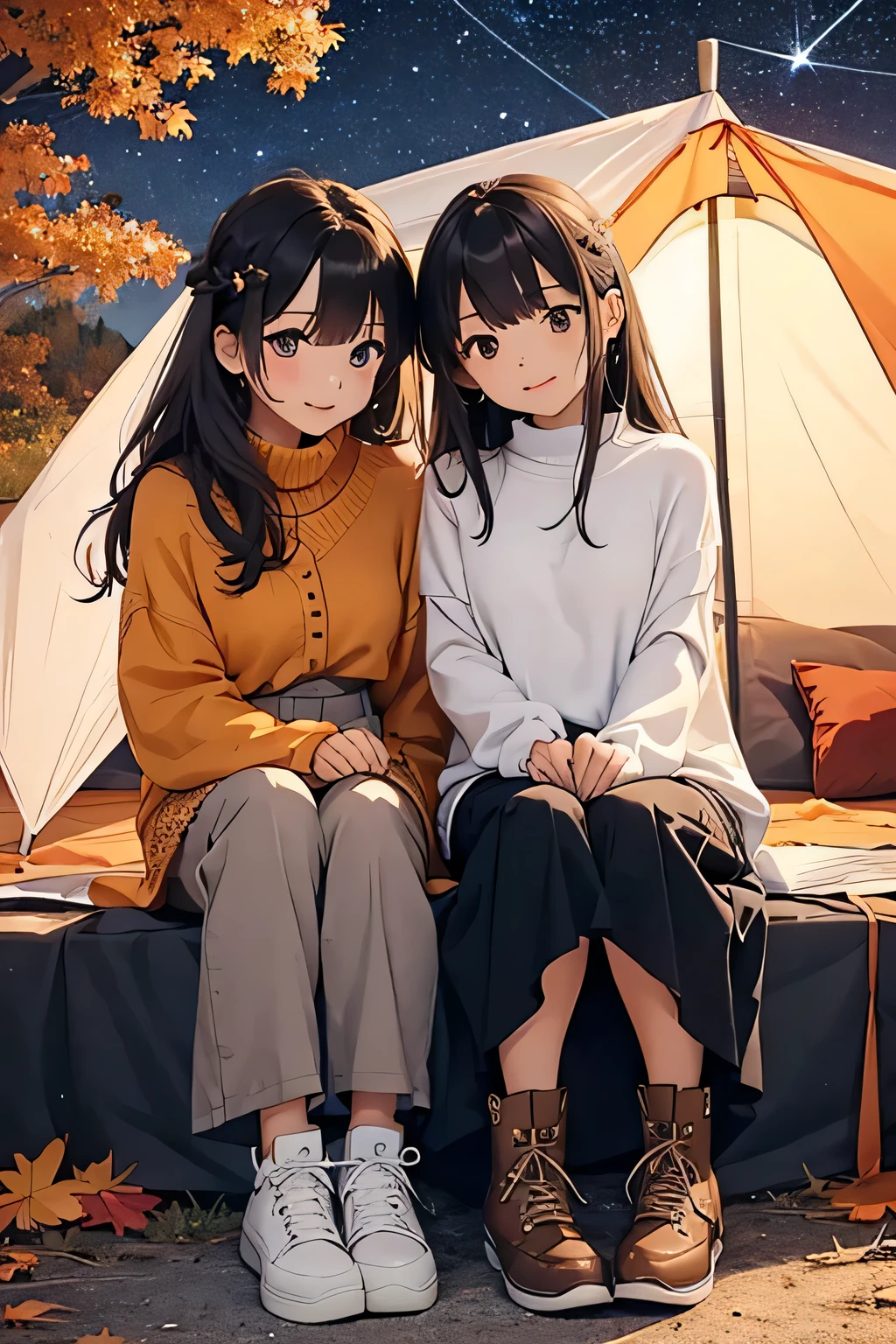 highest quality、High resolution、Detailed Background、Beautiful face in every detail、Anatomically correct、(Draw a normal number of fingers:1.2)、Detailed facial expressions、Teenage beauty、Huge breasts、Perfect body line、cute hair color、cute hairstyle、Romantic and cute atmosphere、cute mood、Cowboy Shot、
(Two beautiful girls enjoying the starry sky spreading out in the autumn night sky:1.5)、
Stargazing on a picnic date、Hold hands with the night sky in the background, search for constellations and enjoy a romantic meal under the starry sky、
Rooftop or rooftop dates、Spend time holding hands and exchanging sweet words and smiles while looking up at the stars together、
Camp Date、Look at the stars and make a wish in the stars while lying down together in a tent、
You can also deepen your distance from each other while searching for constellations and talking about stars、
Take pictures with your partner or friends with the starry sky in the background or point at the stars and take pictures with a smile、
It is a style that combines boots and pumps with a feminine dress decorated with lace and frills、If you choose a dress with an autumn-like color or floral pattern, it will give off a sense of the season and stand out for its cuteness、
It is a style of layering a shirt or cardigan over a t-shirt or turtleneck、
Pair it with sneakers or boots for a casual and stylish look、
A loose, oversized knit top with leggings.、You can create an autumn-like look by choosing boots or loafers for your feet、
It's a bohemian style that combines a maxi skirt or wide pants with a blouse or cardigan、If you show off your personality with flat sandals or boots as an accessory, this style is perfect for fall nights、
It's a casual style that pairs sweatpants or a sweat dress with sneakers or ankle boots、Pair it with a voluminous hairstyle or cap for a trendy and cute impression、
It is a style that incorporates leather jackets and leather skirts、Pair it with a simple top or knit and pair it with boots or sneakers for an edgy style on fall nights、
It is a style that combines a pleated skirt with a simple top or knit、belts and tights、Pair it with boots for a cute and mature look.、
It is a style of pairing a skirt with an embroidered blouse or jacket、Pair it with loafers and boots for a slightly classic and cute vibe、
It is a style that combines a knitted vest with a long-sleeved top or shirt and a skirt、Pair it with ankle boots or sneakers, or accentuate a scarf or hat for a perfect style for fall nights、cute