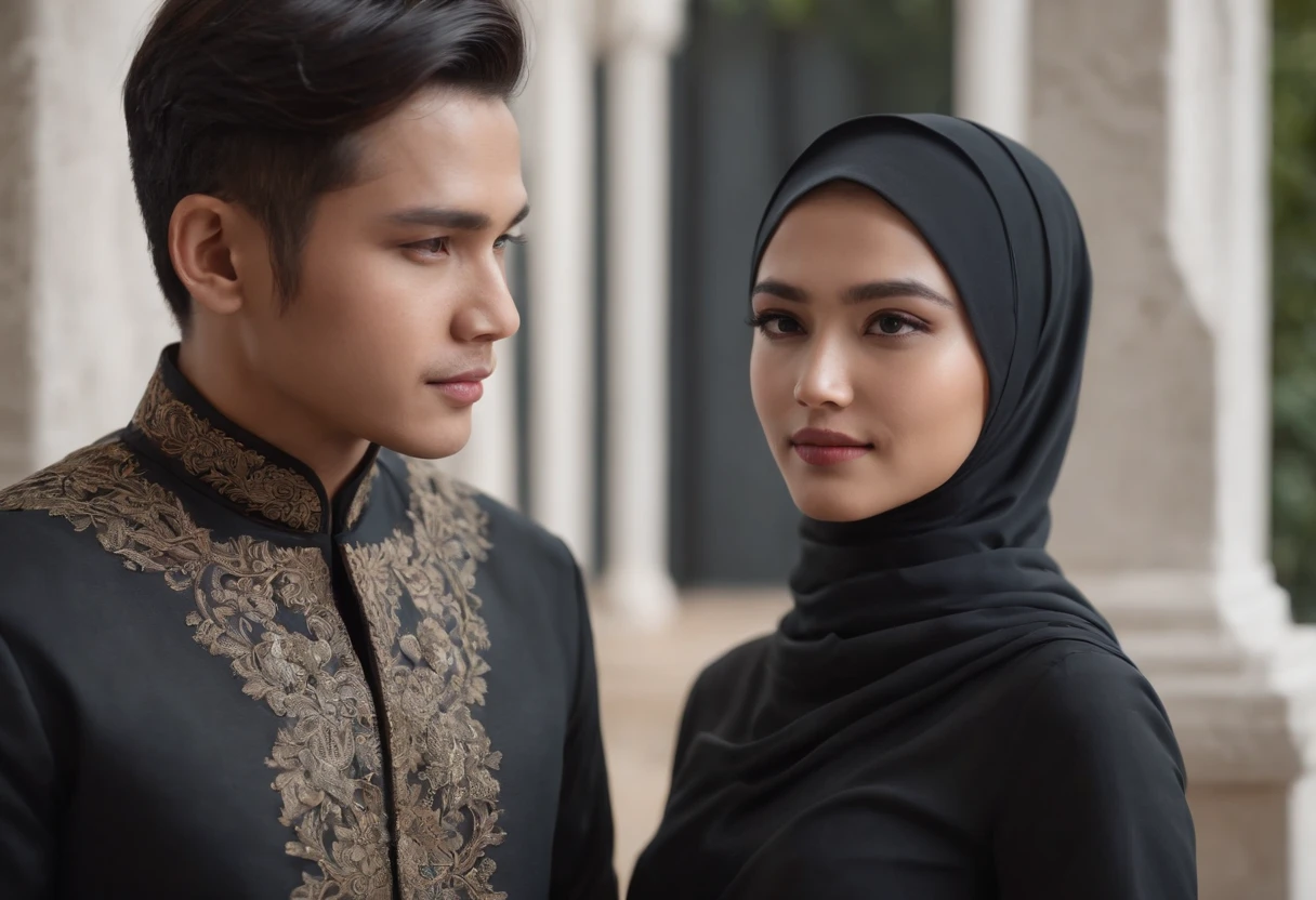 a young Indonesian man stands posing next to a young Indonesian woman. beautiful young woman, Hijab, black kebaya. best quality, realistic, photorealistic, (intricate detail: 1.2), (fine detail), (cinematic light), clear lines, sharp focus, realistic face, detailed face, unity 8k wallpaper, very high resolution, (photorealistic: 1.4), He was looking at the audience
