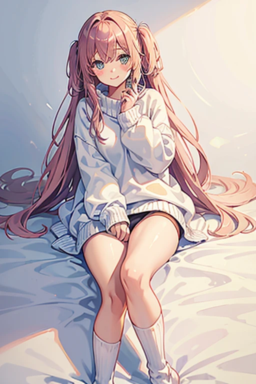 sweet girl, oversized_sweater, panties, blush, fullbody, socks, kind smile, from below