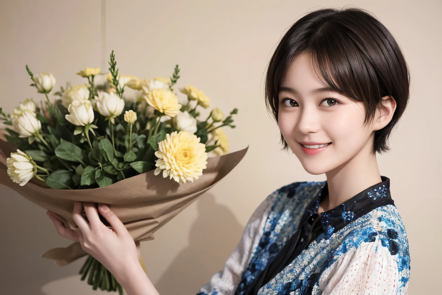 215 Short Hair, 20-year-old woman, A kind smile, Floral