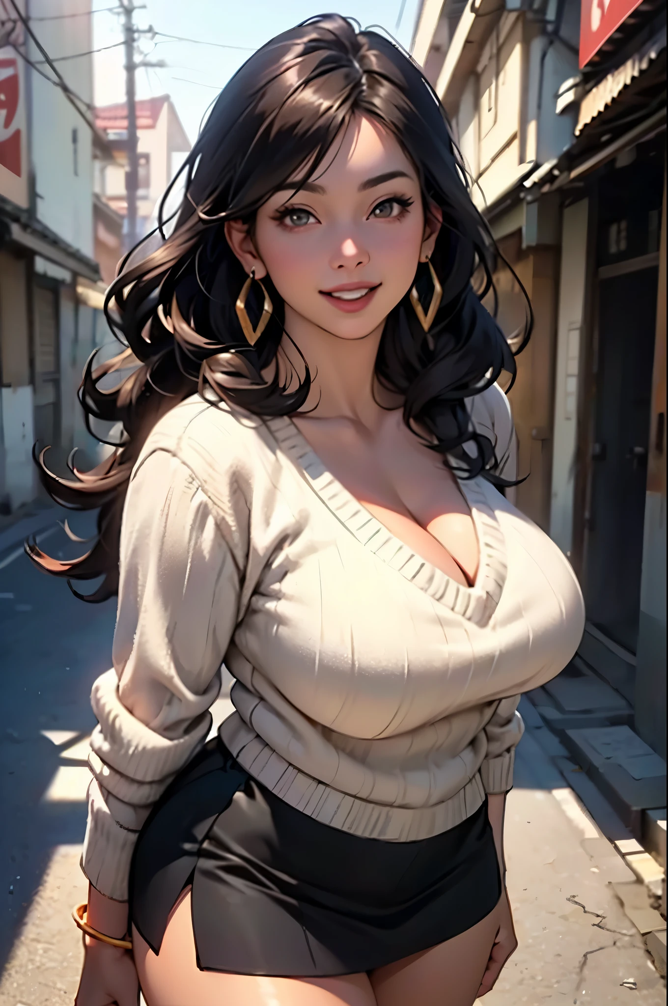 (RAW photo), (Realistic), (photo-realistic), ultra high resolution, masterpiece, highest quality, portrait, facial portrait, perfect lighting, detailed lighting, dramatic shadow, ray tracing, 1 Japanese beautiful mature lady, 40 years old, Voluptuous, cleavage, plump body type, symmetrical eyes, beautiful detailed brown eyes, chubby lips, red lips, Super high resolution perfect beautiful teeth, big tits, big ass, big thick thighs, long wavy hair, black hair, earrings, half open mouth, smiling, looking at viewer, (V-neck Sweater:1.2), (Draped skirt), revealing clothing, Japanese street,