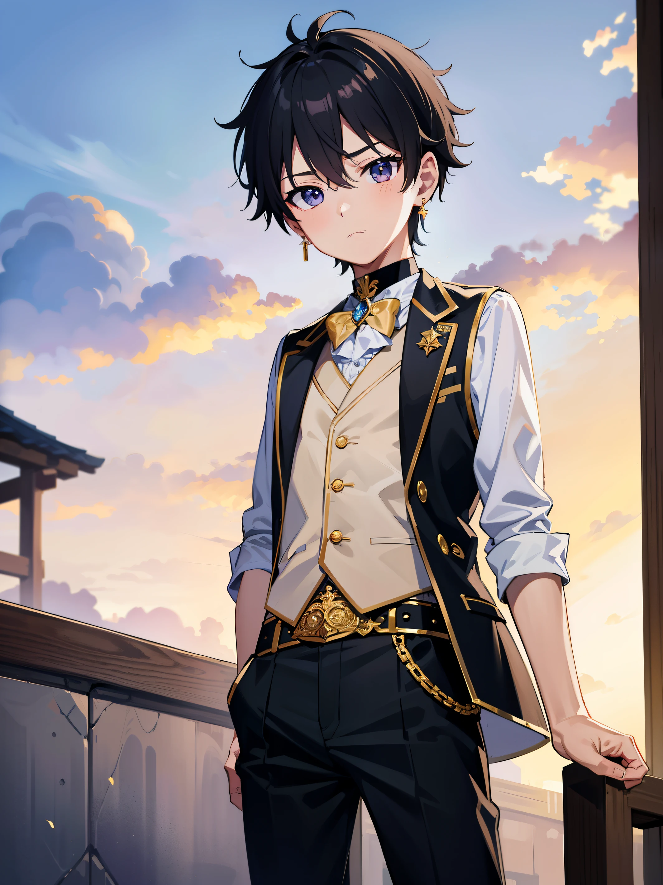 Highres, Masterpiece, Best quality at best,Best Quality,hight quality, hight detailed, Anime style, 1boy, Boy, Solo, (s), view from front, Idol, Prince uniform, Vest, gold earring, Choker, Trousers, Belt, (very young boy), (very small and short body)