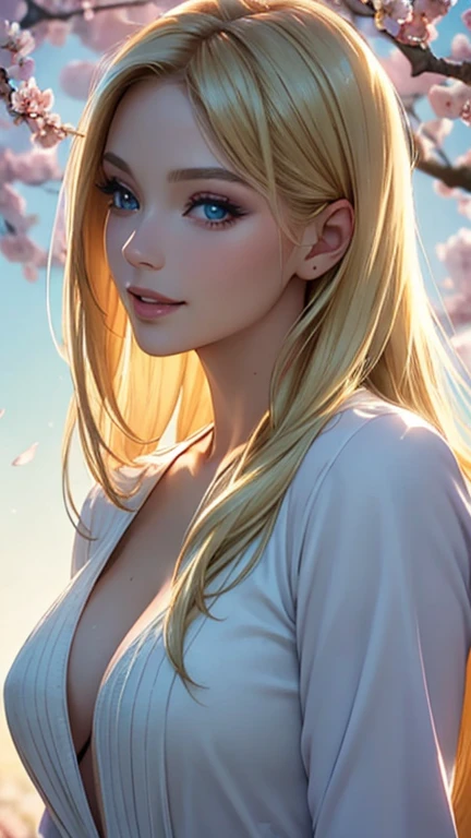 (Best quality,ultra detailed,photorealistic:1.37),bright and rich colors,studio lighting,playful facial expression,stylish makeup,Long blonde hair fluttering in the wind,inviting eyes,glossy lips,sexy pose, cherry blossom, I smile confidently and seductively,posing for a professional photo shoot,shallow depth of field,highlighting the main subject,soft natural lighting,Creating a dreamy and magical atmosphere.