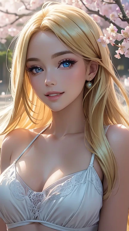 (Best quality,ultra detailed,photorealistic:1.37),bright and rich colors,studio lighting,playful facial expression,stylish makeup,Long blonde hair fluttering in the wind,inviting eyes,glossy lips,sexy pose, cherry blossom, I smile confidently and seductively,posing for a professional photo shoot,shallow depth of field,highlighting the main subject,soft natural lighting,Creating a dreamy and magical atmosphere.