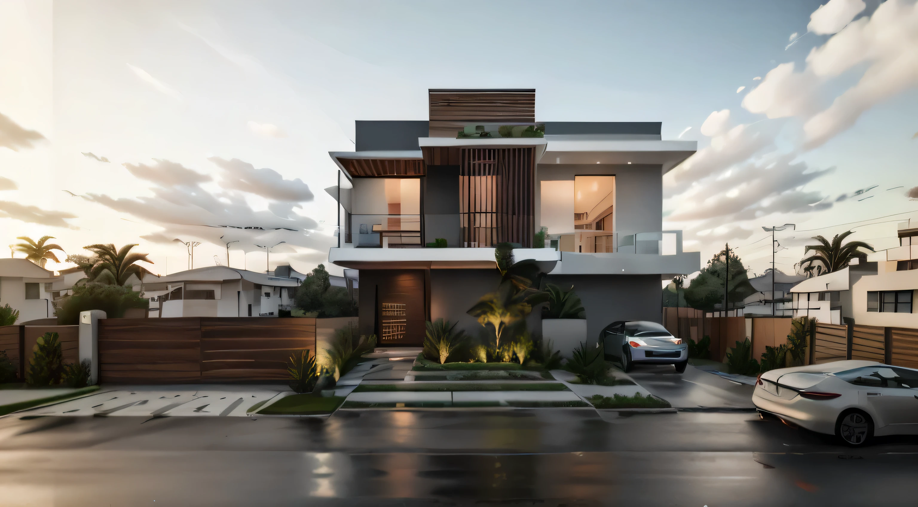 rendering of a modern house with a car parked in front, complete house, exterior design, concept house, lumion render, lumion rendering, cg rendering, professional render, rendered in lumion pro, high quality rendering, 3/4 view realistic, realistic render, contemporary house, highly rendered!!, modern house, fully detailed render, realistic 3 d style, frontview