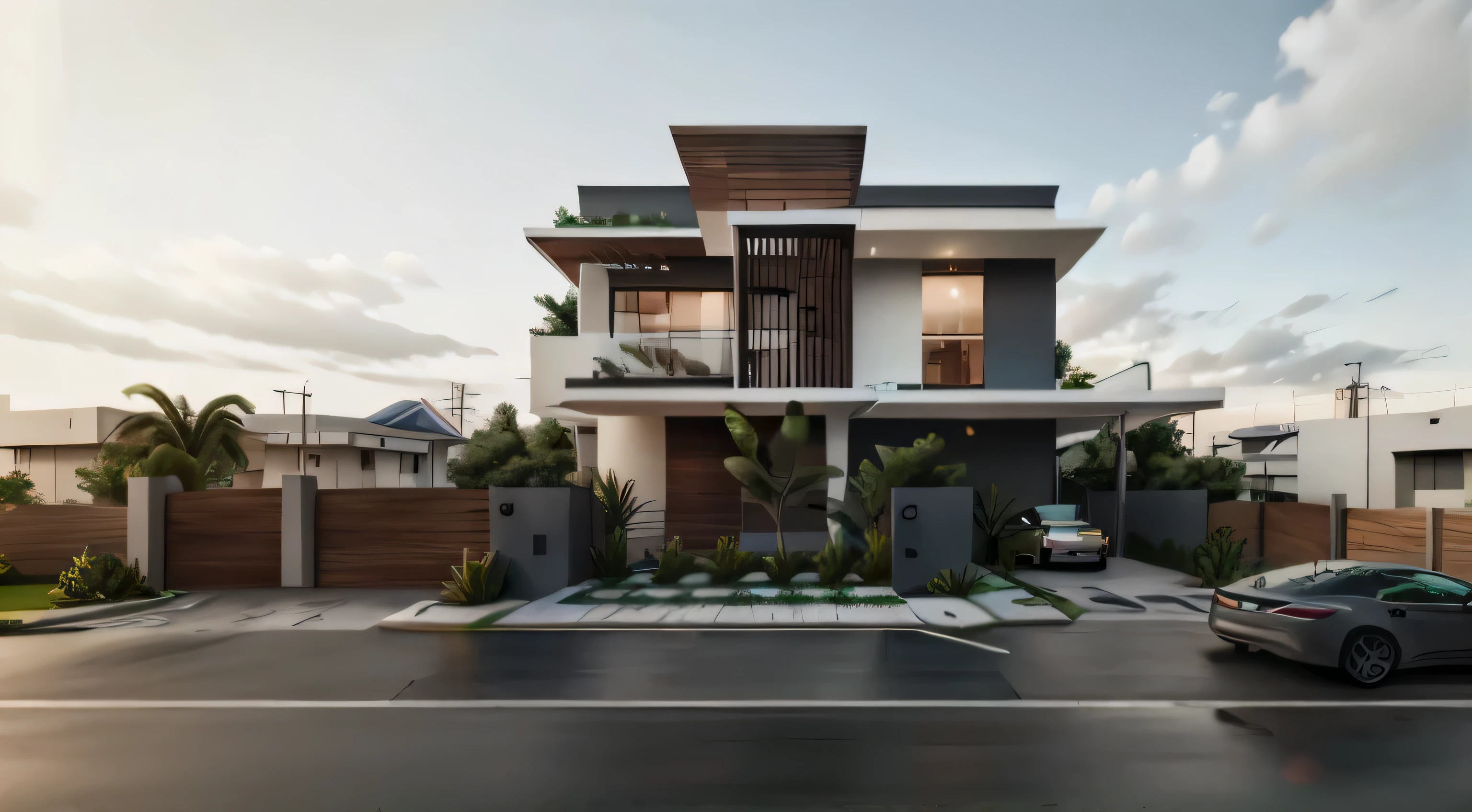 rendering of a modern house with a car parked in front, complete house, exterior design, concept house, lumion render, lumion rendering, cg rendering, professional render, rendered in lumion pro, high quality rendering, 3/4 view realistic, realistic render, contemporary house, highly rendered!!, modern house, fully detailed render, realistic 3 d style, frontview