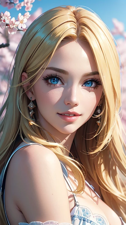(Best quality,ultra detailed,photorealistic:1.37),bright and rich colors,studio lighting,playful facial expression,stylish makeup,Long blonde hair fluttering in the wind,inviting eyes,glossy lips,sexy pose, cherry blossom, I smile confidently and seductively,posing for a professional photo shoot,shallow depth of field,highlighting the main subject,soft natural lighting,Creating a dreamy and magical atmosphere.