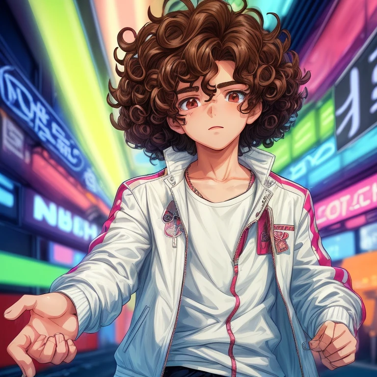 Boy, teenager, brunette, curly hair, white jacket with neon details, cartoon, anime