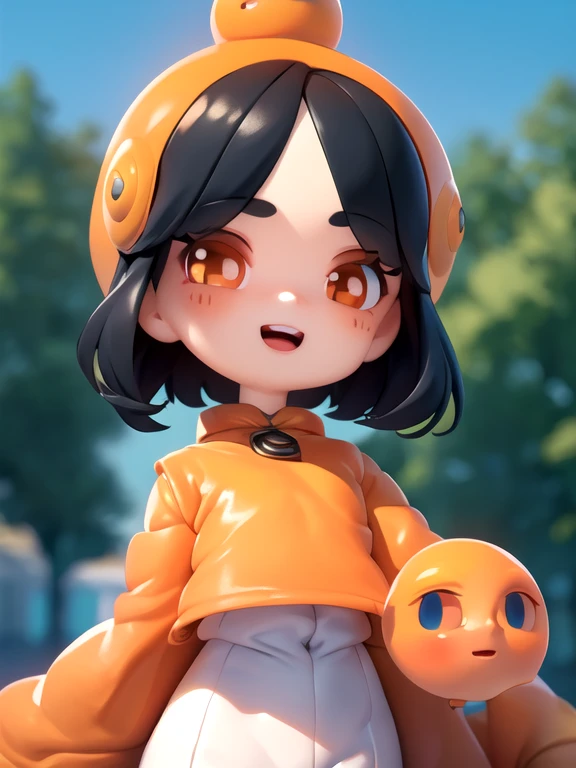 (masterpiece), (extreme), (Ultra Detailed),(Body:1.9),1 Girl, Sunlight, Lovely, orange, (Big Head:1.8), toy doll, Smile, open mouth, City, Fashion, coat, blush, Tree, shirt, short hair, orange, orange headdress, Vague, Long sleeve, Bangs, Black Hair, (Beautiful and detailed face), (Beautiful and delicate eyes),