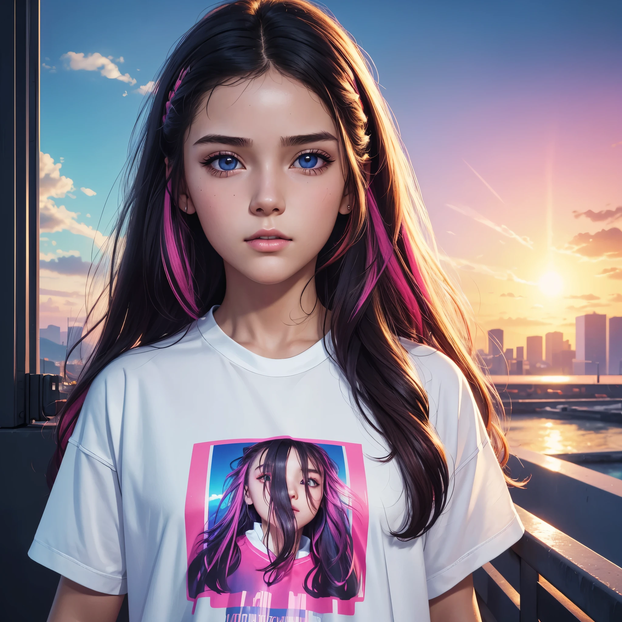 1girl, colorful theme, synthwave sky,(best quality, high quality, high resolution), realistic, ultra-detailed, highly detailed face features, absurdres, realistic lighting and reflections, highly detailed face features, see through shirt, best photo,high quality illustration, white long hair, , red shirt, kind and calm girl