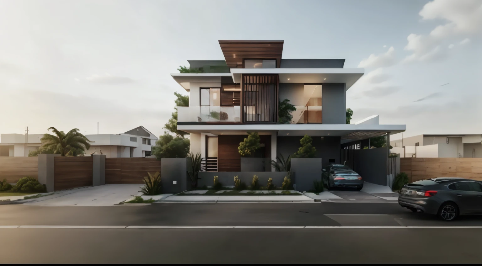 rendering of a modern house with a car parked in front, complete house, exterior design, concept house, lumion render, lumion rendering, cg rendering, professional render, rendered in lumion pro, high quality rendering, 3/4 view realistic, realistic render, contemporary house, highly rendered!!, modern house, fully detailed render, realistic 3 d style, frontview