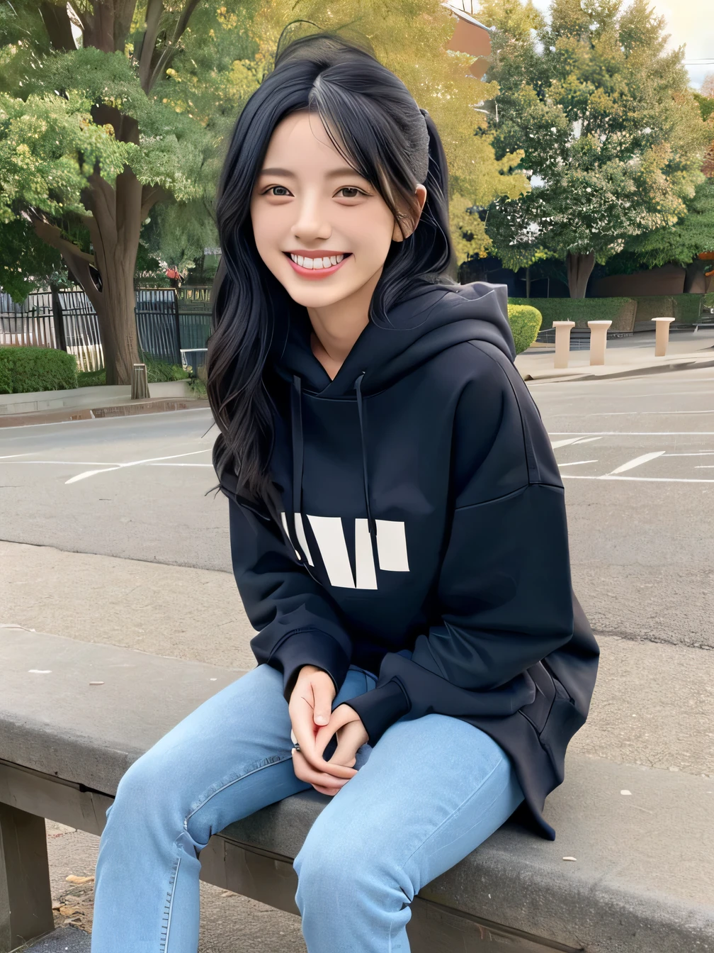 highest quality, Realistic, Very detailed, Finer details, High resolution, 8k wallpaper, One beautiful woman,Sit on the stairs、(Wear black socks)smile、(Beautiful teeth alignment、)(Gums are visible) Oversized hoodie, Skinny jeans,( Black sneakers)、Black Hair、 Beautiful Bangs、ear piercing、Perfect dynamic composition, Beautiful and detailed, Full Body Shot, A big smile brown hair