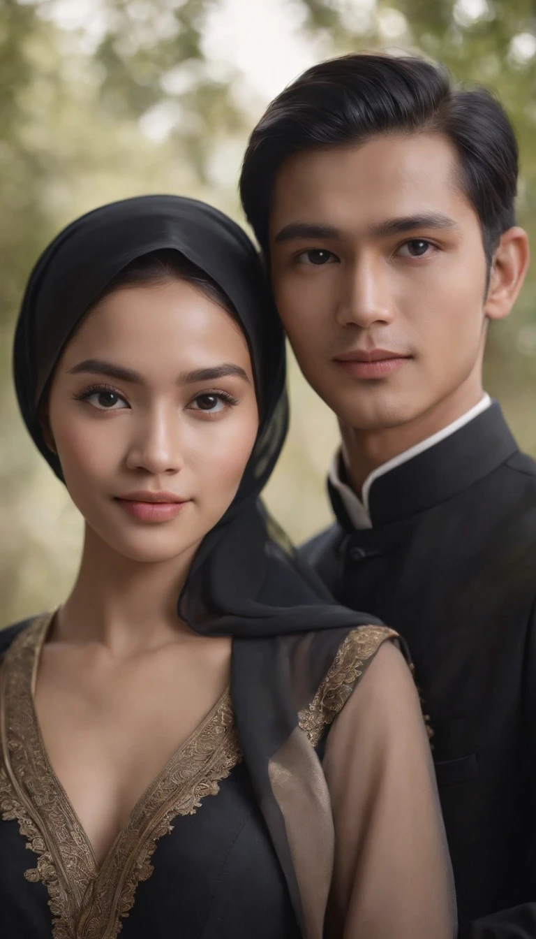 a young Indonesian man stands posing next to a young Indonesian woman. beautiful young woman, Hijab, black kebaya. best quality, realistic, photorealistic, (intricate detail: 1.2), (fine detail), (cinematic light), clear lines, sharp focus, realistic face, detailed face, unity 8k wallpaper, very high resolution, (photorealistic: 1.4), He was looking at the audience