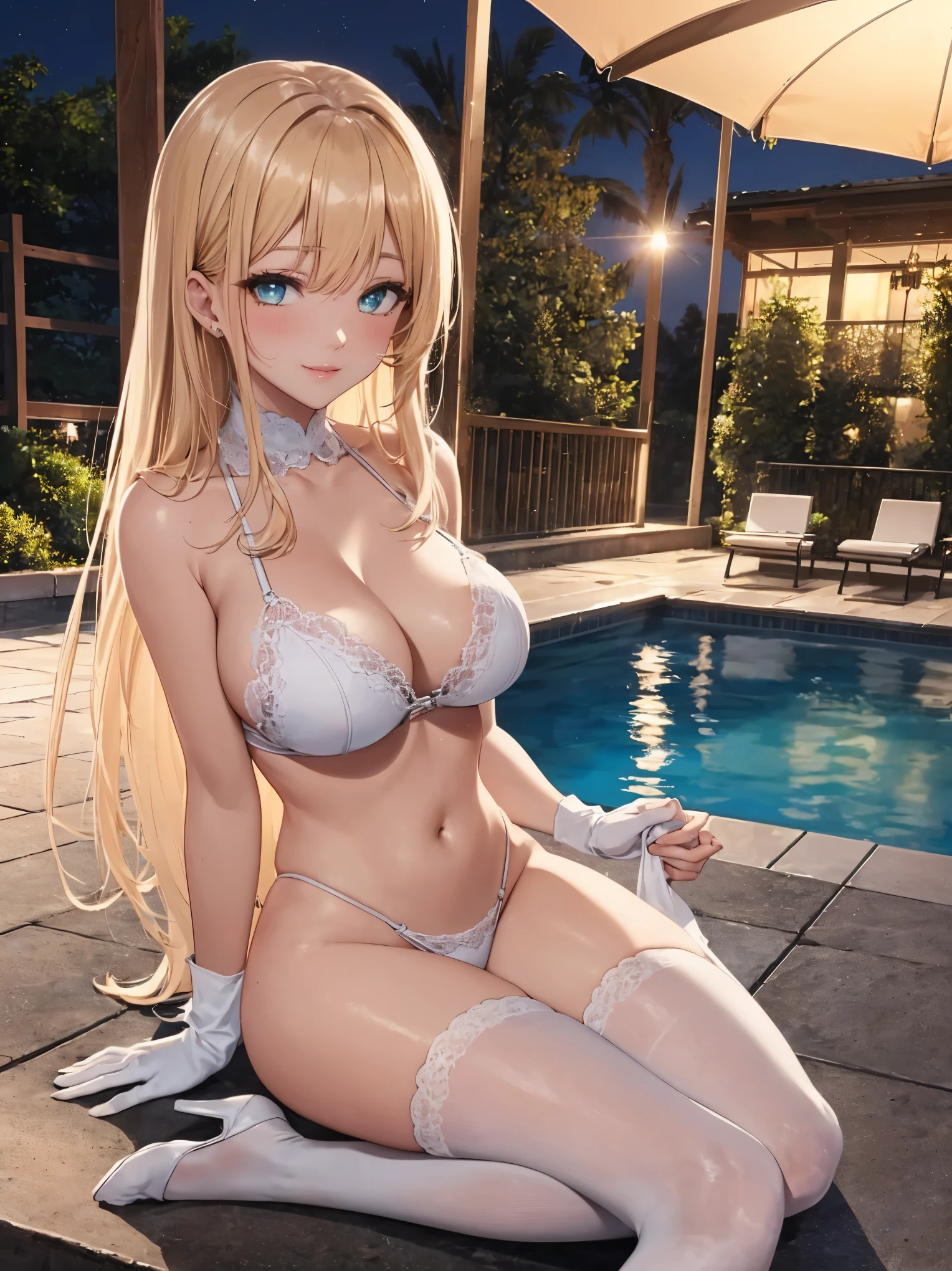 1 woman, HD quality, (sitting with hands back:), (open legs to limit:1.5), (with one knee up), showing pubic area, (Large breasts), (cleavage), (ahegao:1.5), (orgasm:), smile, (thin thighs:1.3),(microbikini swimsuit), (sheer white long thigh-high socks), (sheer white satin long gloves), at night, poolside, (Green eyes, detailed eyes), high-heeled shoes
