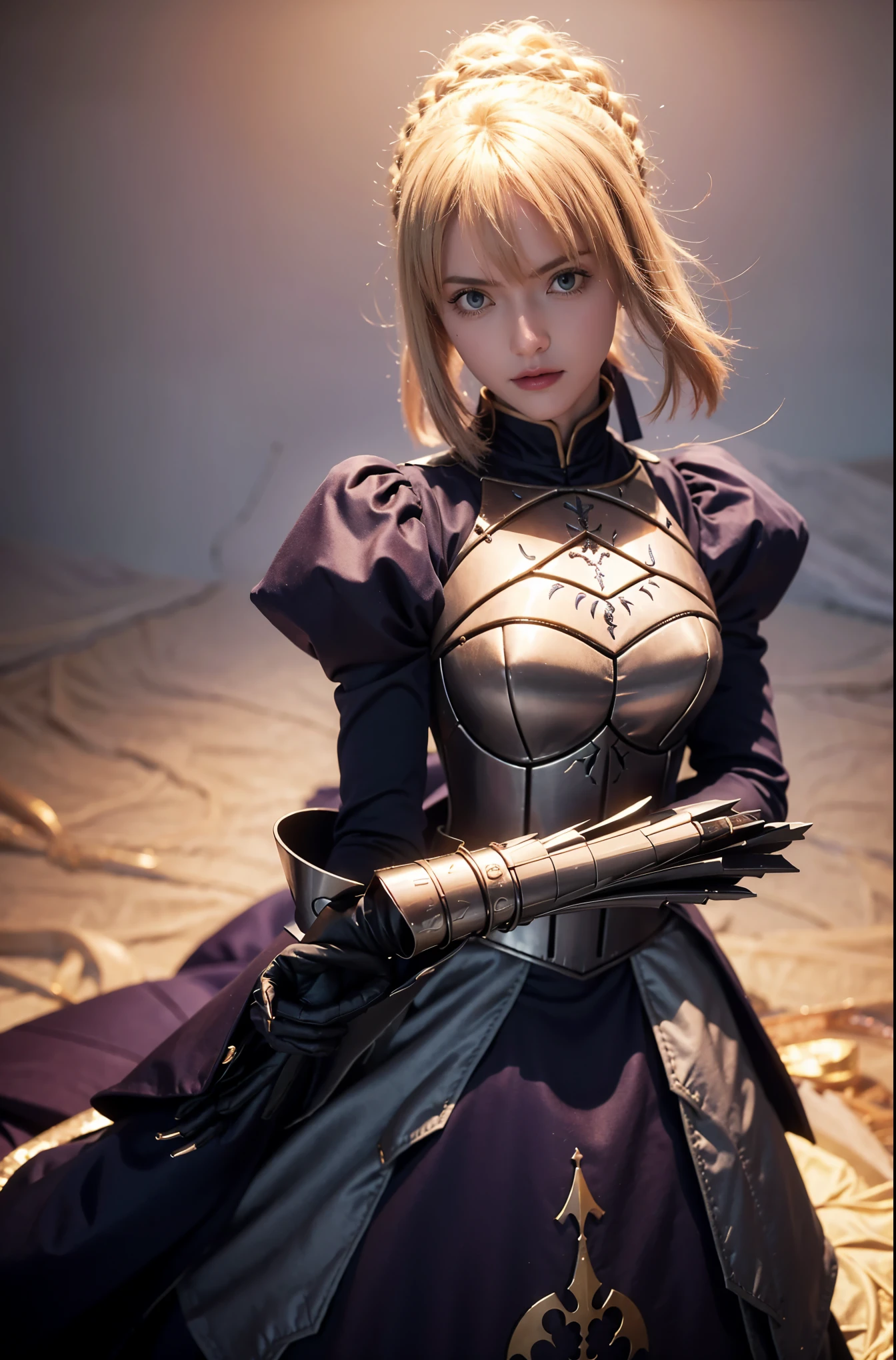 artoria pendragon, halloween, sem armadura, peitos grandes, coxas grandes, ultra detalhado, cores vivas, fundo halloween, olhos brilhantes, beleza assombrosa, pose encantadora, fate/grand order, cabelo loiro, muito detalhado, roupa colada,realistic