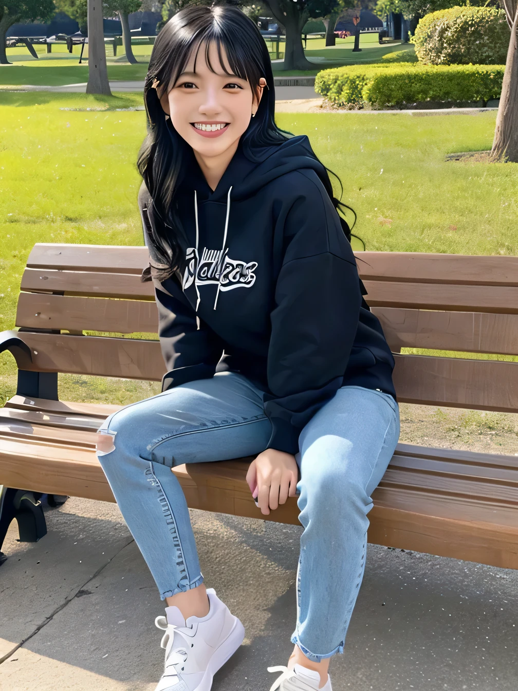 highest quality)), ((masterpiece)), (Get used to it), Perfect Face、((highest quality)), A neat and beautiful woman sitting on a park bench、Ear piercing、hoodie、Skinny jeans、sneakers、Black Hair、Smiling with teeth showing、Full body photo、Ear piercing information