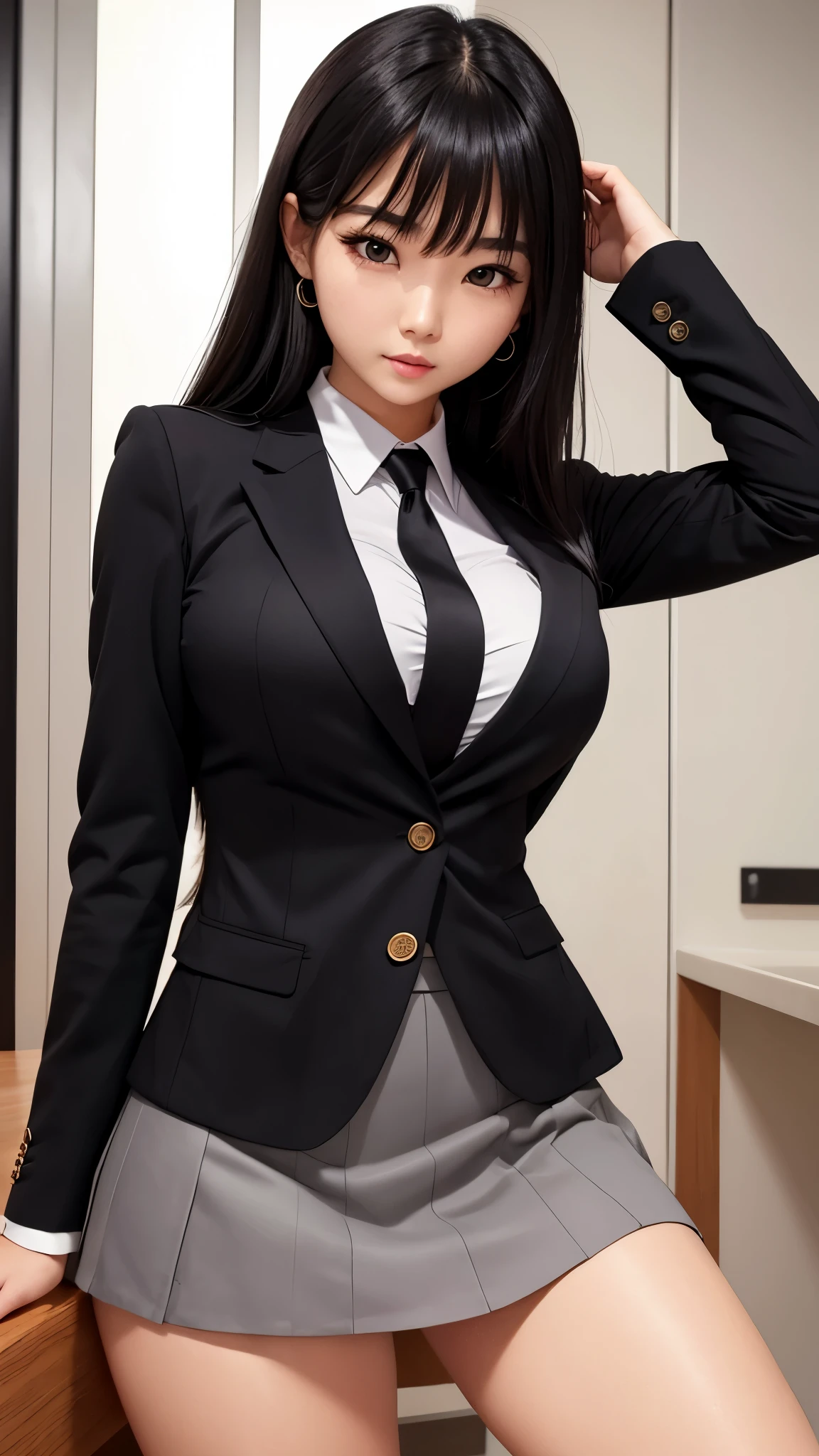 Detailed face、highlight、Beautiful thighs、Asian、girl、breast enhancement、bangs、Black Hair、skirt、blazer、