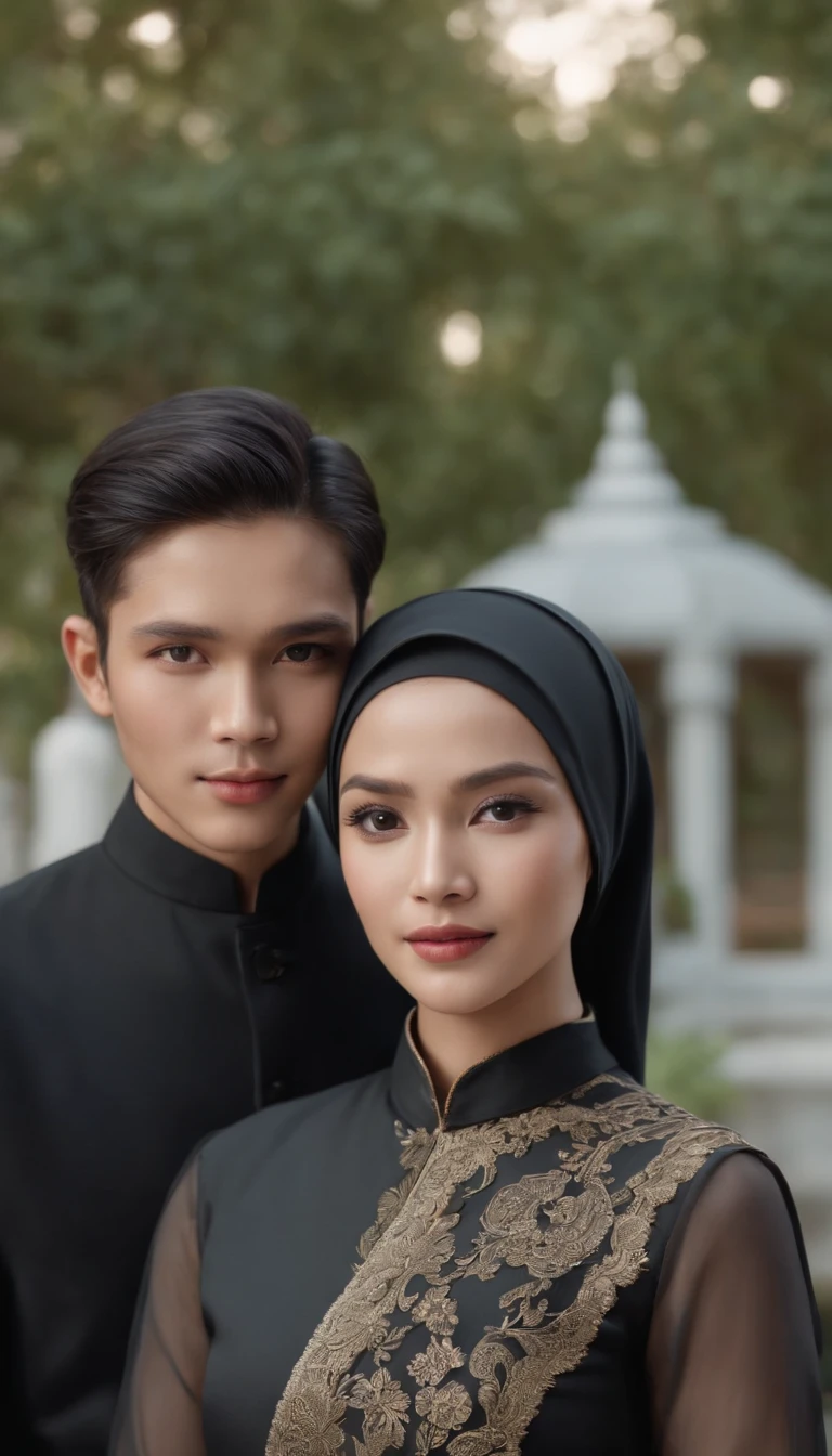 a young Indonesian man stands posing next to a young Indonesian woman. beautiful young woman, Hijab, black kebaya. best quality, realistic, photorealistic, (intricate detail: 1.2), (fine detail), (cinematic light), clear lines, sharp focus, realistic face, detailed face, unity 8k wallpaper, very high resolution, (photorealistic: 1.4), He was looking at the audience