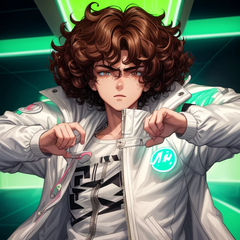 Boy, teenager, brunette, curly hair, white jacket with neon details, cartoon, anime, UHD, masterpiece, super detail, best quality, highres, 16k, HD