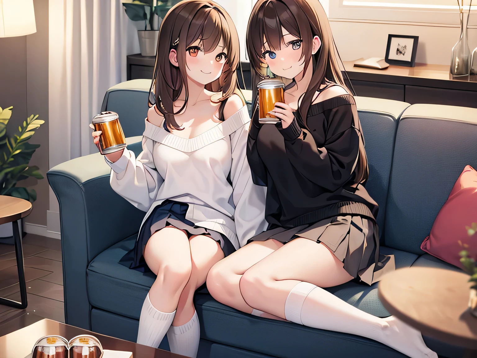 (Masterpiece, highest quality, high resolution, realistic photos, realistic looking skin:1.1),
(There are two women drunk: 1.5),
(The first is wearing a hoodie and pleated skirt and has short brown hair: 1.8),
(The second is wearing a turtleneck long-sleeved knit and a denim miniskirt and has long brown hair and a mature face:1.8),
(They are both wearing black high socks:1.8),
(They are both holding cans of beer: 1.5),
(Location: apartment living room at night:1.5),
1 Japanese girl, full bodied esbian, beautiful eyes, glowing eyes, glowing thighs, NSFW