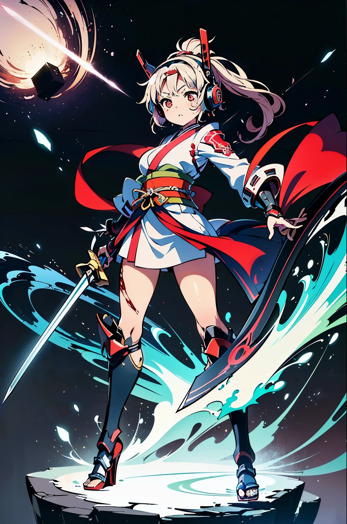 (((Chibi:1.9)))、(Dynamic pose:1.2)、Beautiful woman,((extreme close up:1.3))、(((samurai kimono)))、((Cyber Headphones:1.3))、((メカニカルheadgear:1.3))、(((Mechanical Samurai、Machinery Armor))), ((Perfect figure, Beautiful Face, Beautiful Face, Ponytail Hairstyles, Beautiful Skin, Very detailed髪, The finer details)), (((Cinema Lighting, Beautiful lighting effects, Creative Design, Full Body Frame, Divine Aura, hard Harmony , Perfect color change, Perfect contrast balance, Perfect color layers, Perfectly smooth color bleeding, Soft Rendering, smooth color strokes, Optical Lenses, Soft colors, Smooth color blending, Perfect color expression, Harmony, perfect color Harmony, Beautiful colors, soft Harmony, Particles of light, Perfect detail, Intricate details, color prism, The finer details, The finer details))), super high quality, Very detailed,Perfect drawing,alone, beautiful girl, masterpiece, (mecha musume), Machinery Armor, headgear, Mechanical Wing, brandishing a sword、Samurai with a huge gun, Black ponytail, Her hair is tied with a big red ribbon, Equipped with two Japanese swords ((extra large cool samurai_Sword in hand, Huge and cool weapon machine)), Open Stance, Action pose,purgatory , ((highest quality))),8k,((masterpiece)),(Very sophisticated and beautiful)