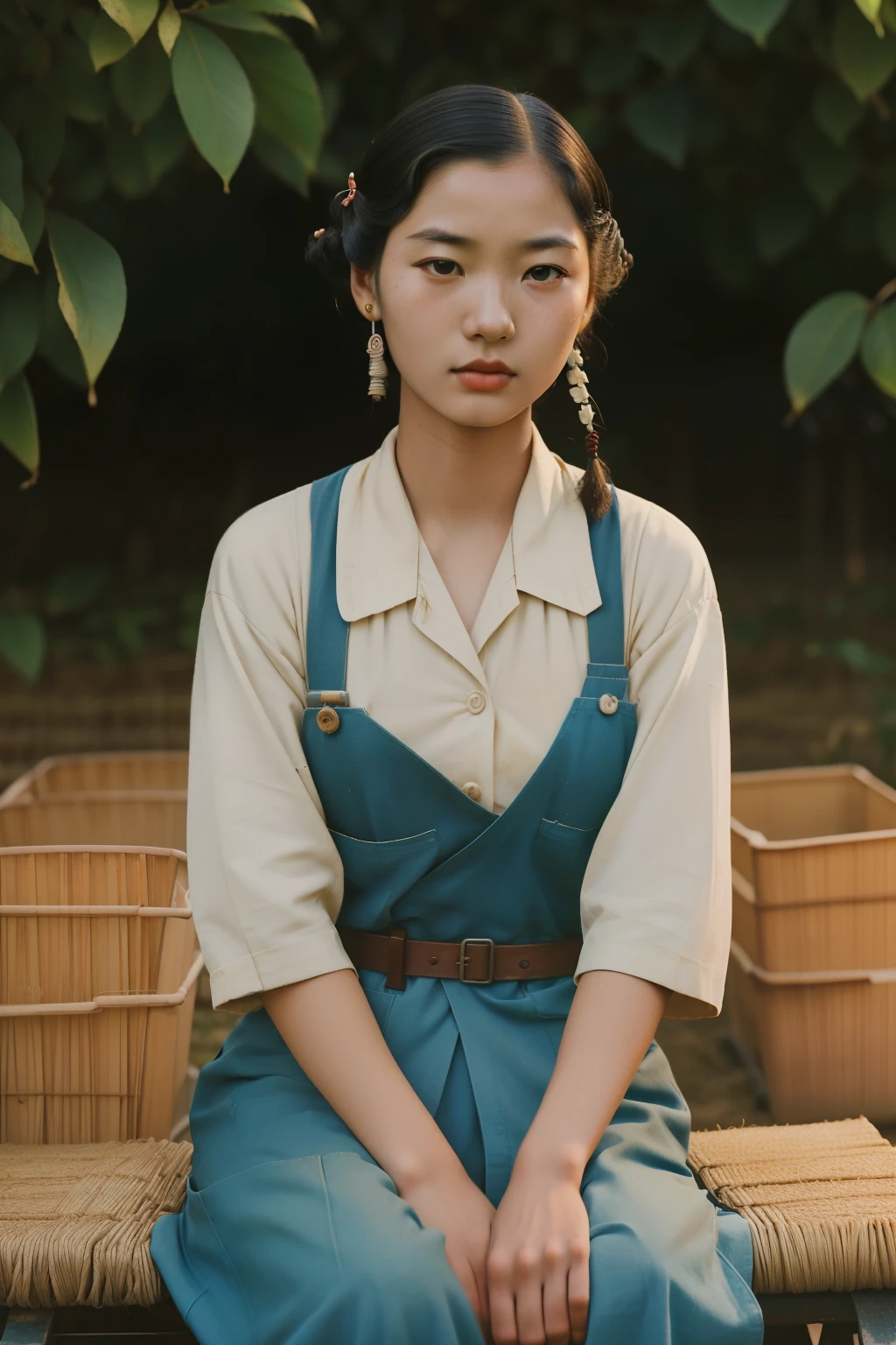 Kioto, 1944. A young ((((24-year-old)) Sayuri)), strikingly beautiful, delicate facial features, porcelain skin, expressive eyes, sewing clothes, ((fear expression)), ((((farmer worker clothings from the 1940s)))), ((hairstyle of the 1940s)), colorful