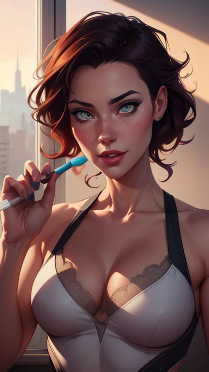 a close-up of a woman holding a toothbrush in her hand, alena aenami and artegerm, Lois van Baarle e Rossdraws, lois van rossdraws, artegerm and rossdraws, Ross Draws 1. 0, style artegerm, neoartcore e charlie bowater, artegerm. alto detalhe