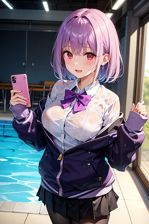 (8K、top-quality、​masterpiece:1.2)、(realisitic、ultra-detailliert、超A high resolution,beautifull detailed face,perfect body,perfect lighting,constriction,beautiful detailed skin,skin texture,(1giri,very short hair:1.5,purple hair,red eyes),giving a slight bow,(school uniform,purple bow tie,collared shirt,off shoulder,purple,jacket,partialy unzipped,long sleeves,sleeves past wrists,pleats skirt,black skirt,pantyhose,clothes around weist,black loafers),lying in waterl:1.5,swimming pool,see through:1.0,wet hair:1.0,wet body:1.0,covering chest with hands:1.0,selfie