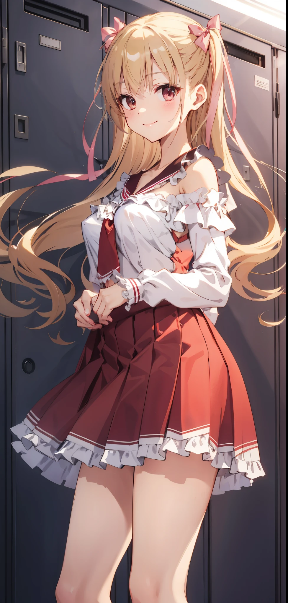 masterpiece, highest quality, High resolution, teacher, Long Hair, blonde, Both sides up, Hair Ribbon, Pink Ribbon, , Frills, serafuku, Sailor collar, tie, White shirt, Long sleeve, Red Skirt, Are standing, Cowboy Shot, locker room, smile、Off the shoulder、Her dress is open and her breasts are visible、bra、Embarrassed、