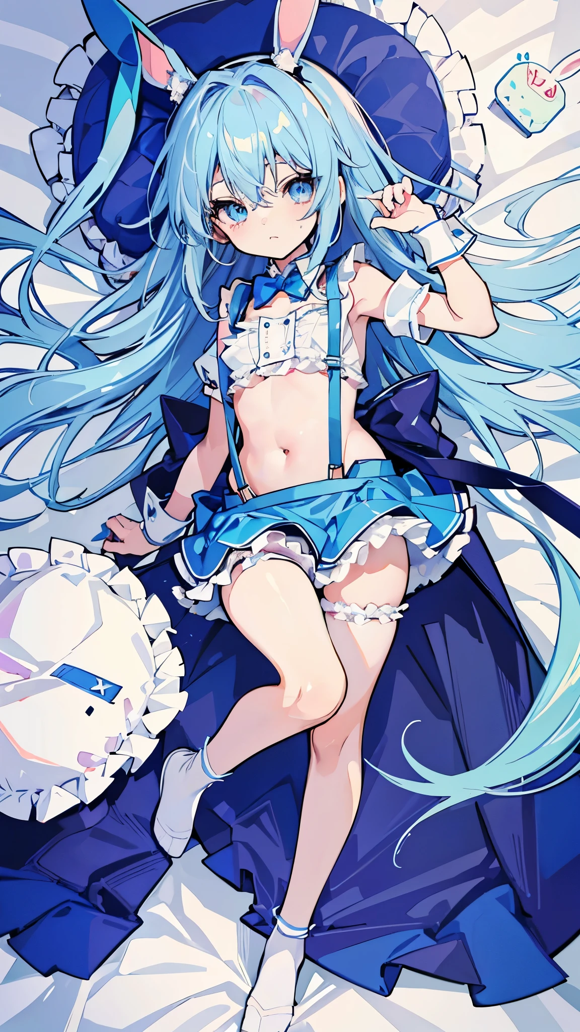 dakimakura style,hyper cutest shota,
light blue hair,loose long hair,rabbit shotas,(Reliable blue suspenders for hanging frilly miniskirts),(bare navel and stomach),School festival, bunny ear waitress,