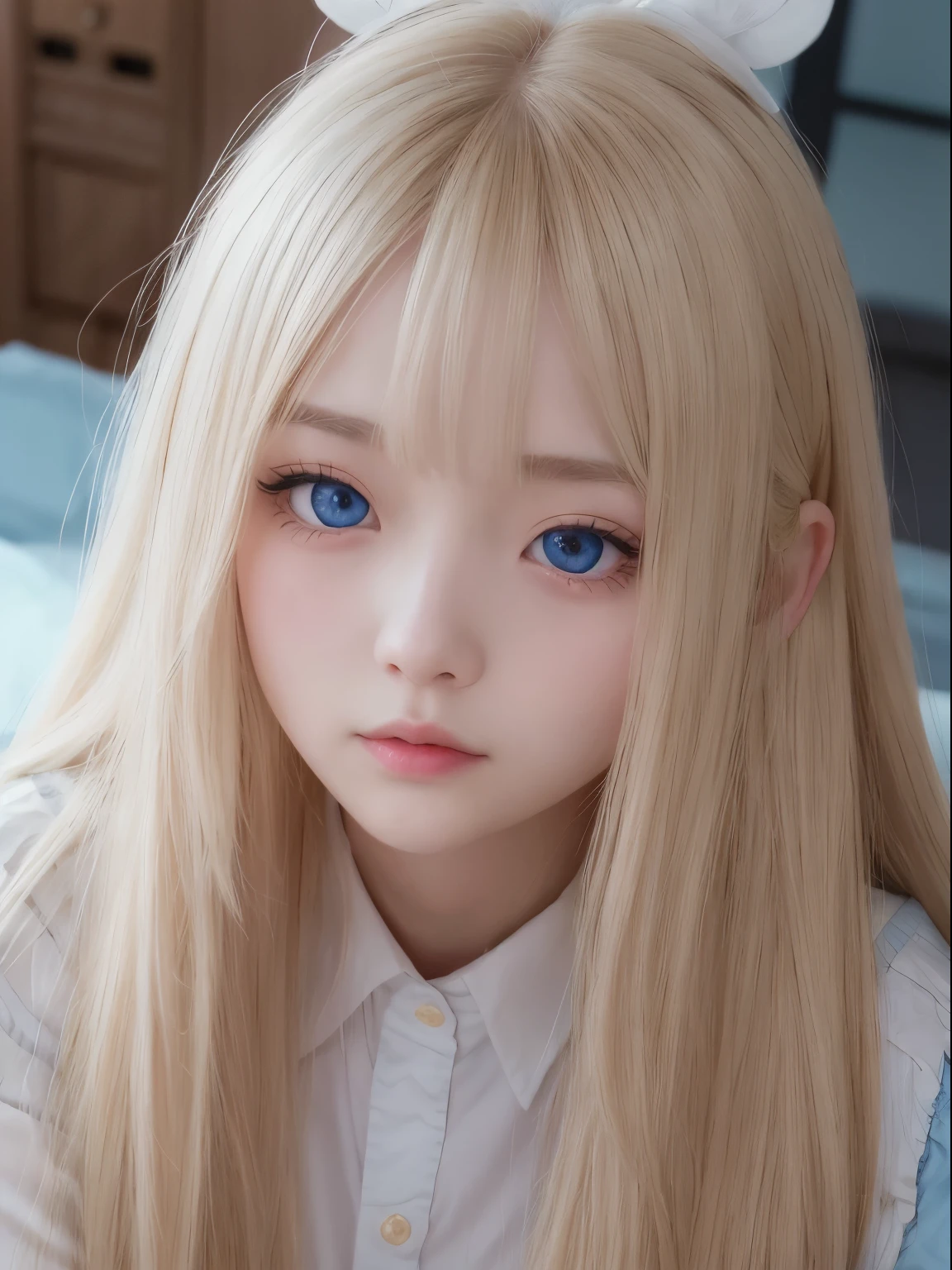 Bright expression、Photorealism、highest quality、超A high resolution、picture、Photos of the most beautiful Scandinavian girls、A cute and beautiful face down to the last detail、(Purelos Face_v1:0.008)、Beautiful Bangs、Alice in Wonderland、18-year-old、Glowing White Skin、Hair sticks to face、Bangs on the face、Bans、Hair between the eyes、Super long hair、Attractive bright natural blonde super long straight silky highlighter hair、Beautiful bright transparent light blue big eyes that are charming and shining、、、eyeliner、double eyelid、Ample breasts