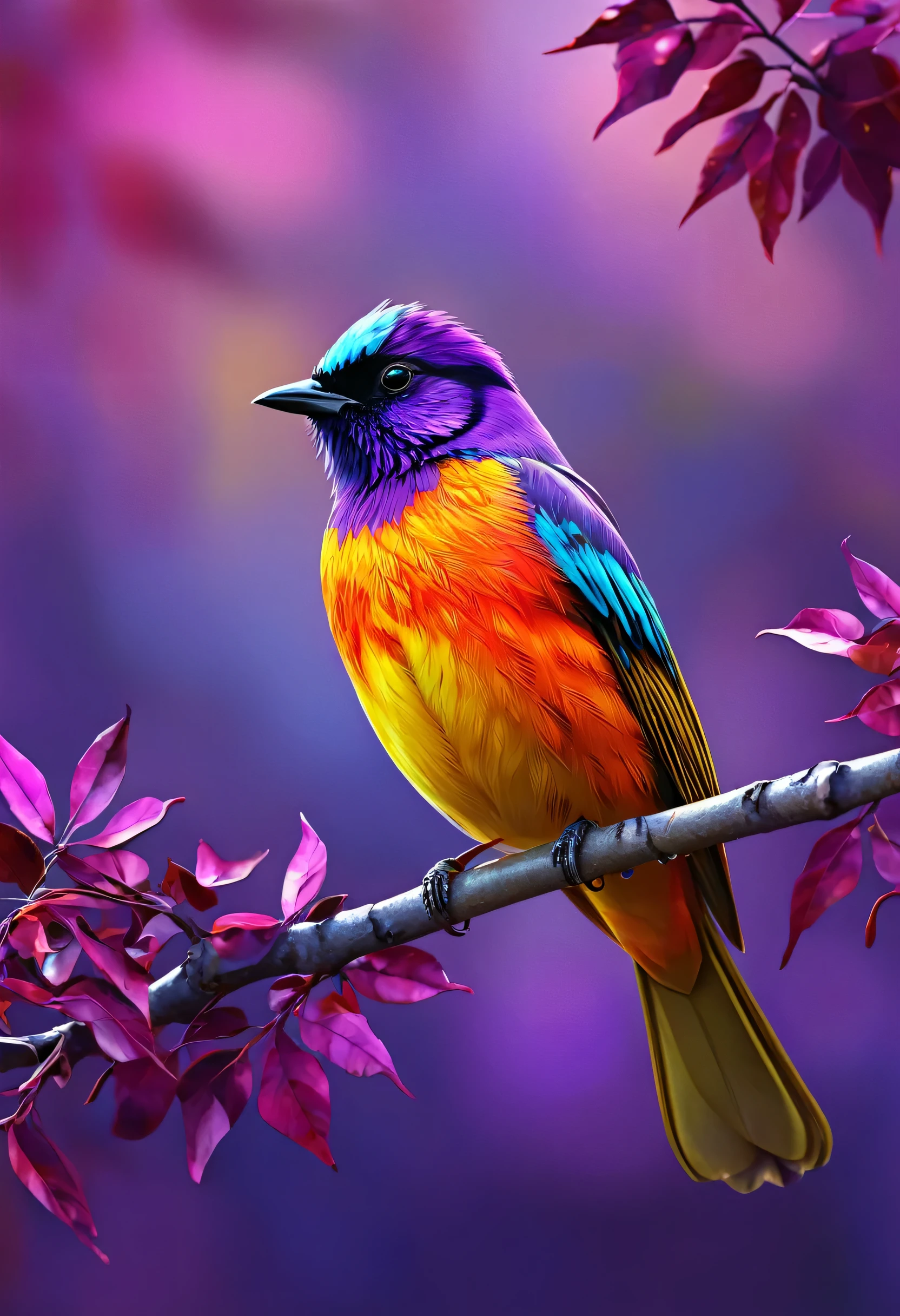 A brightly colored bird perched on a branch with purple leaves, Digital painting inspired by Charles Bird King, Trending on Pixabay, Digital Art, Colorful HD images, Colorful 8 k, Multicolored birds, Beautiful and colorful, Long colorful bird, Beautiful colorful, Colorful 4K, 4k highly detailed Digital Art, 8k high quality detailed art