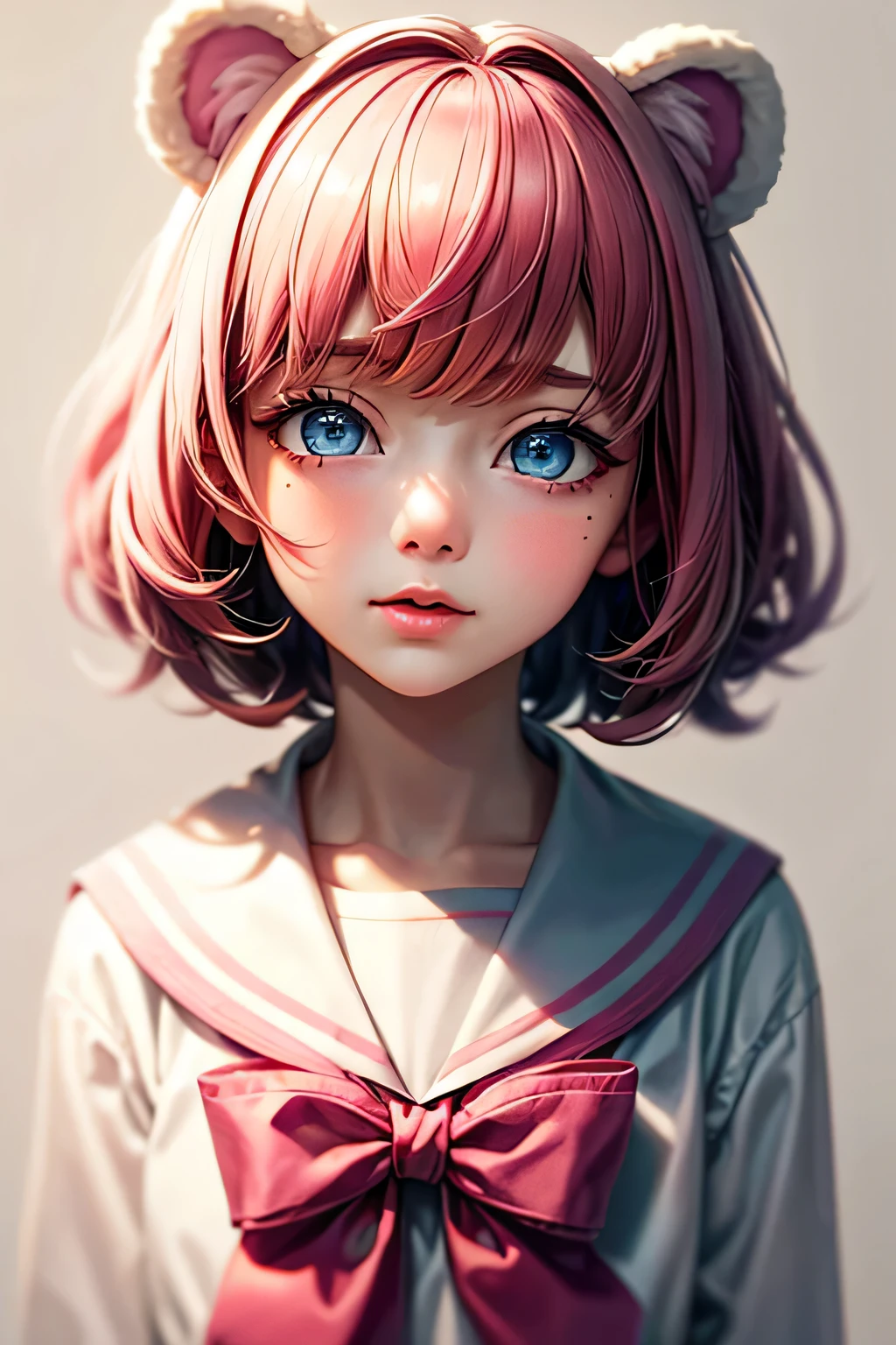 ski style, One girl, alone, Pink Hair, Animal ears, blue eyes, wing, View your viewers, Mole, bangs, short hair, bow, Sailor collar, Simple Background, white Sailor collar, Mole under mouth, hair bow, pink bow, Mouth closed, shirt, white shirt, Bear ears, Bobcut, mini wing, Gray background, Portraiture, detached wing, compensate, Upper Body, White Background