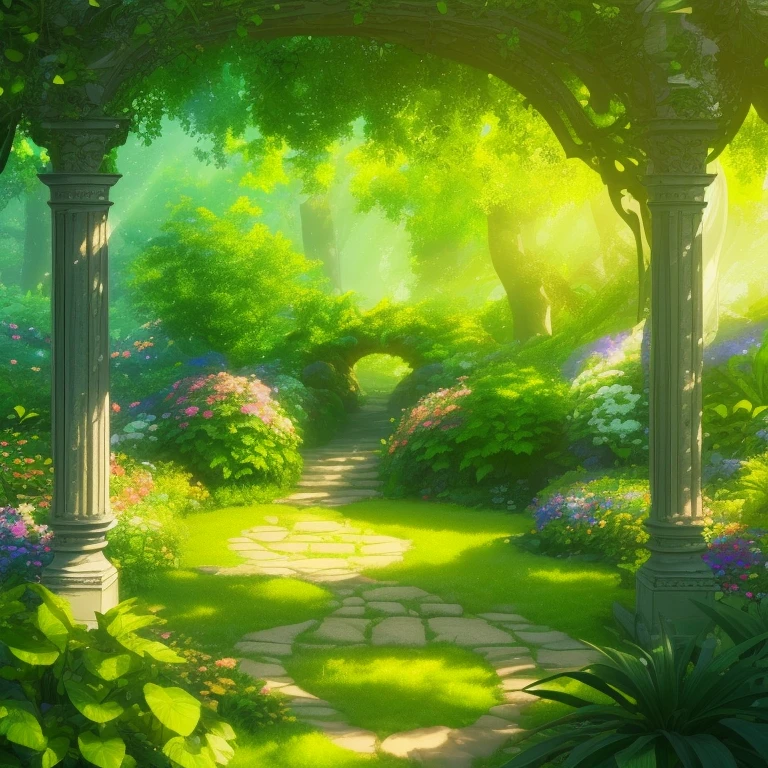 (extremely detailed CG unity 8k wallpaper, masterpiece, best quality, ultra-detailed), (best illumination, best shadow, an extremely delicate and beautiful), flower garden, lush greenery, sunlight streaming through, depth of field, warm and inviting ambiance.