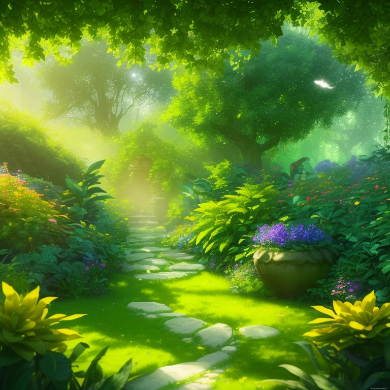 (extremely detailed CG unity 8k wallpaper, masterpiece, best quality, ultra-detailed), (best illumination, best shadow, an extremely delicate and beautiful), flower garden, lush greenery, sunlight streaming through, depth of field, warm and inviting ambiance.