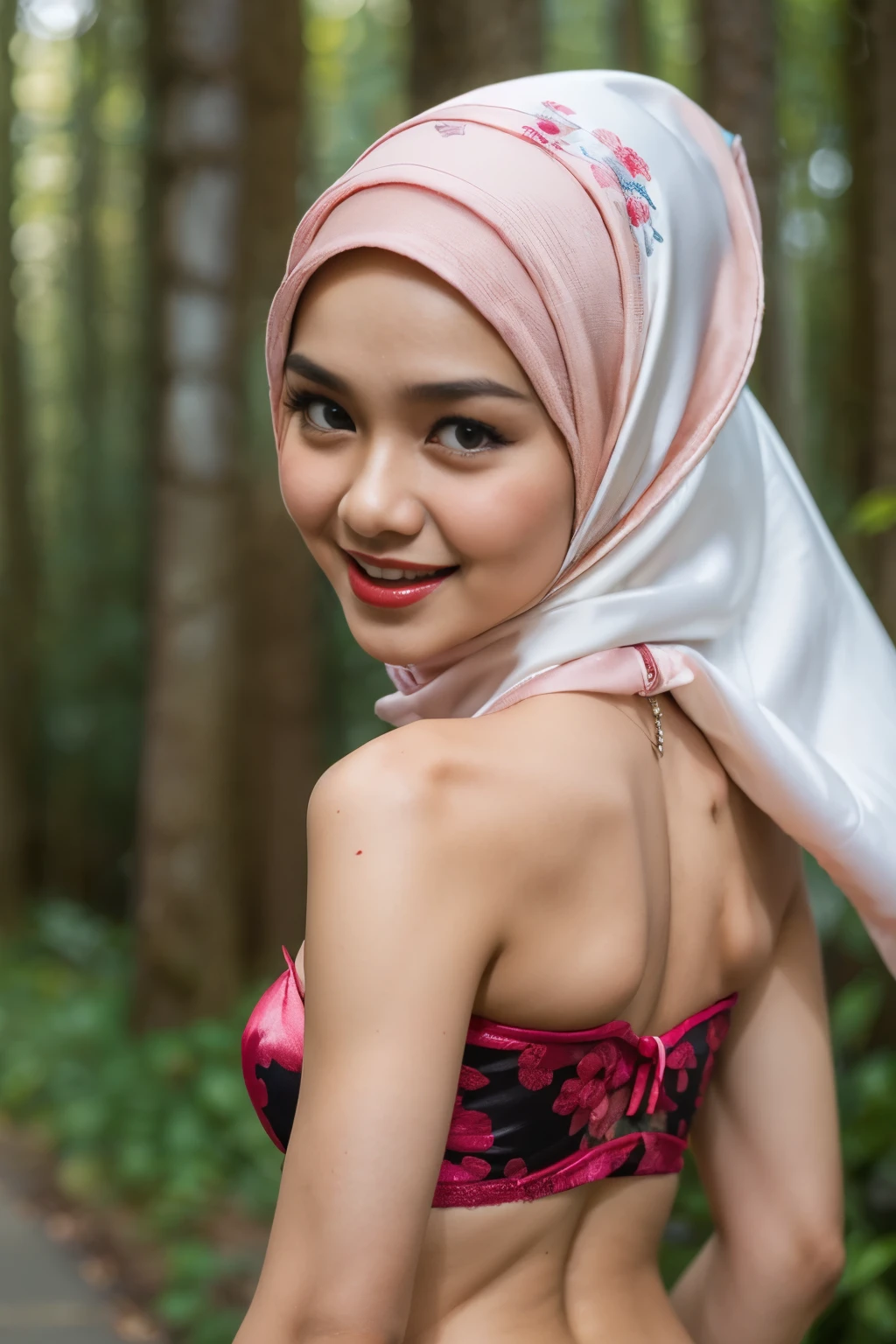 (((HIJAB))), (Happy smile), (((HIJAB MALAY GIRL))), masutepiece, High quality, UHD 32K, Realistic face, Realistic skin feeling , A Japanese Lady, 8 , , Very cute and baby-like face, (((FLAT CHEST))), (Night time at forest), ((look In front  at the camera and SADNESS)), (((PINK))), (((CUTE GIRL))), ((PINK LIPS)), ((Floral Pattern)) little wearing strapless bra, strapless colorful bra, dark night background , black forest night, horror scary place (from behind up) seductive pose