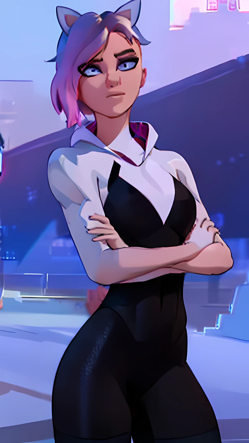 lince, gafas, chaqueta , traje de spider Gwen ,Extremadamente detallado, rostro detallado, gafas ,hermoso rostro, ojos finos, mirando al espectador, pose femenino, Noche