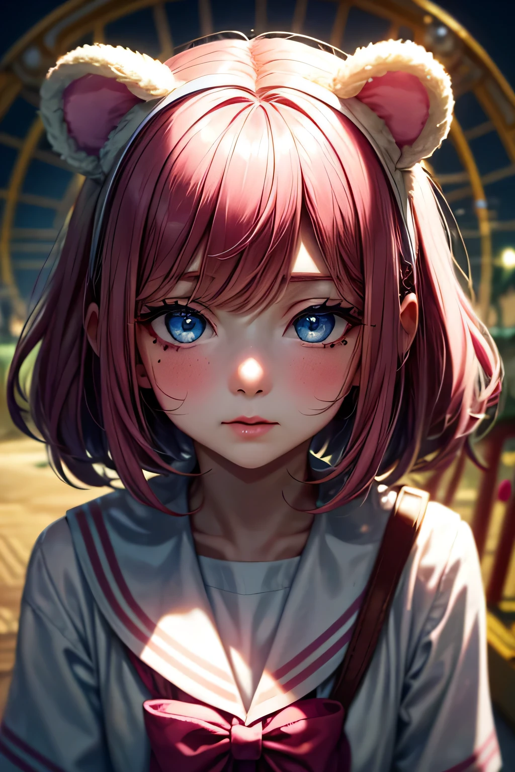 ski style, One girl, alone, Pink Hair, Animal ears, blue eyes, wing, View your viewers, Mole, bangs, short hair, bow, Sailor collar, Simple Background, white Sailor collar, Mole under mouth, hair bow, pink bow, Mouth closed, shirt, white shirt, Bear ears, Bobcut, mini wing, Gray background, Portraiture, detached wing, compensate, Upper Body, (Deserted amusement park ferris wheel background)