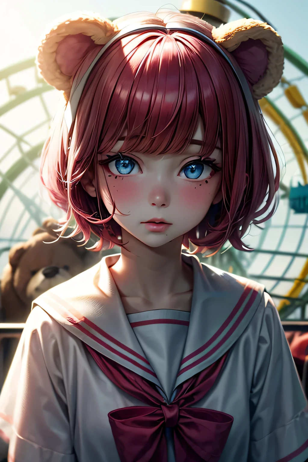 ski style, One girl, alone, Pink Hair, Animal ears, blue eyes, wing, View your viewers, Mole, bangs, short hair, bow, Sailor collar, Simple Background, white Sailor collar, Mole under mouth, hair bow, pink bow, Mouth closed, shirt, white shirt, Bear ears, Bobcut, mini wing, Gray background, Portraiture, detached wing, compensate, Upper Body, (Deserted amusement park ferris wheel background)