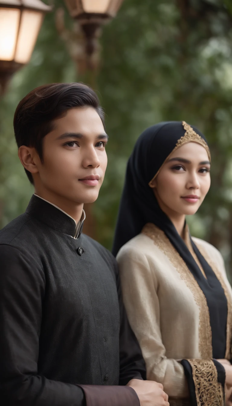 a young Indonesian man stands posing next to a young Indonesian woman. beautiful young woman, Hijab, black kebaya. best quality, realistic, photorealistic, (intricate detail: 1.2), (fine detail), (cinematic light), clear lines, sharp focus, realistic face, detailed face, unity 8k wallpaper, very high resolution, (photorealistic: 1.4), He was looking at the audience