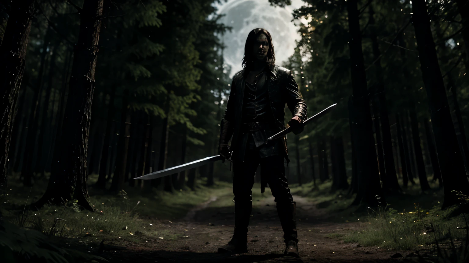 a young man with a sword in his hand facing a werewolf in a forest at night, full moon, horror style, realistic, 8k resolution