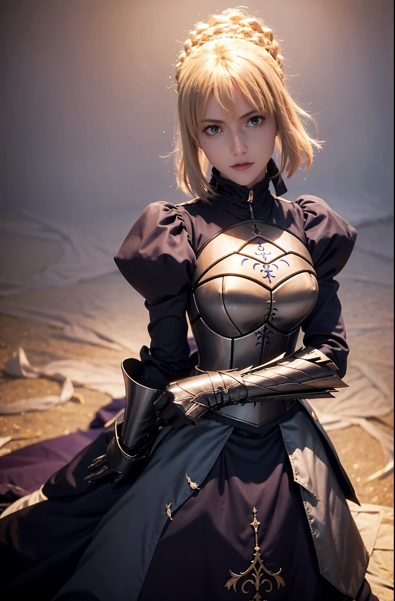 artoria pendragon, halloween, sem armadura, peitos grandes, coxas grandes, ultra detalhado, cores vivas, fundo halloween, olhos brilhantes, beleza assombrosa, pose encantadora, fate/grand order, cabelo loiro, muito detalhado, roupa colada,realistic 