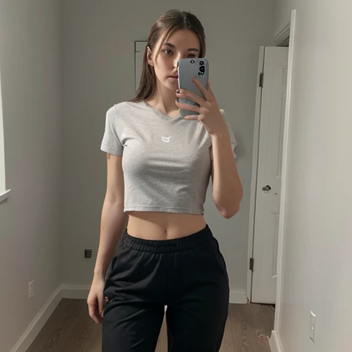 Selfie, white girl, standing, gray t-shirt, black sports shorts, clean background, ((body selfie)), iphone, clean background , ((hand in pants))