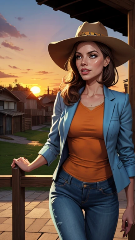 Kate Beckinsale style Cartoon style digital illustration close-up, obra de arte, melhor qualidade, (roupa de vaqueiro, jaqueta por cima da camisa, dirty pants, cowboy hat) Create dystopian works of art. Tema ocidental, atmosfera empoeirada, wooden buildings, a setting sun casting long shadows, trajes envelhecidos e desgastados, expectativa no ar, impasse intenso, rua vazia, cidade deserta, Mulher bonita, magrelo, seios pequenos, cabelo castanho liso, rosto detalhado, sorriso, photo taken from a distance, 20 anos, old style tears cartoon style digital illustration