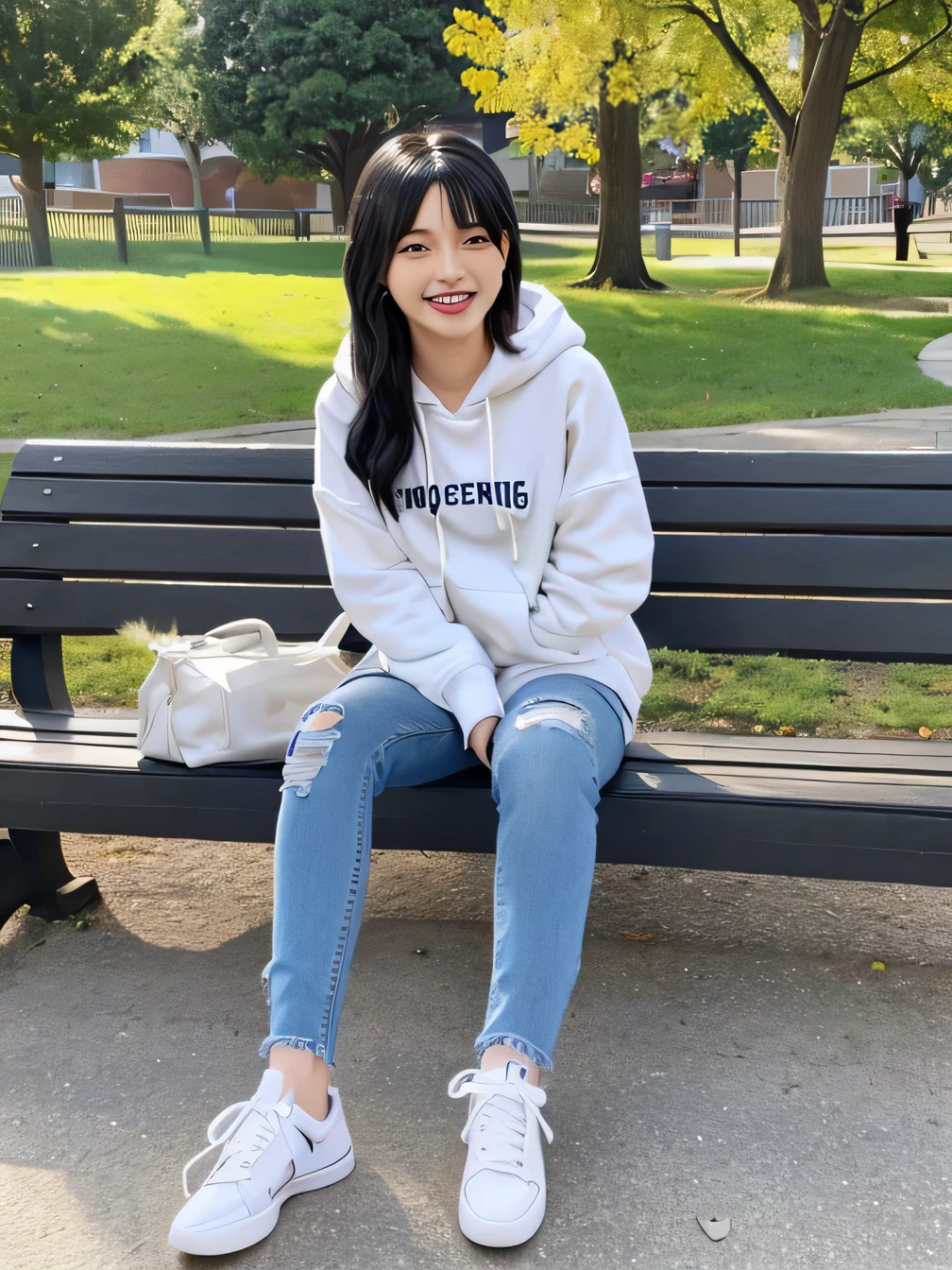 highest quality)), ((masterpiece)), (Get used to it), Perfect Face、((highest quality)), A neat and beautiful woman sitting on a park bench、Ear piercing、hoodie、Skinny jeans、sneakers、Black Hair、Smiling with teeth showing、Full body photo、Ear piercing information
