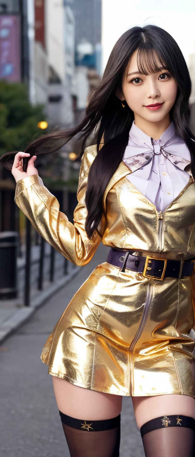 Gorgeous Idol Girl、whole body、Good style、、、、Purple butterfly print gold tight mini dress、Fantastic City、、Long black hair、Gorgeous gold jacket、Great belt、Fishnet tights