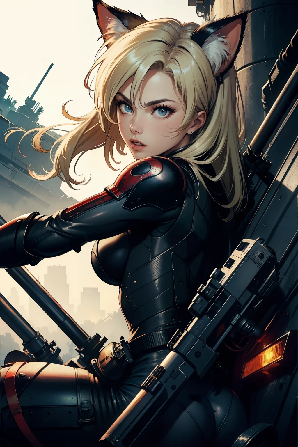 ((highest quality)), ((masterpiece)), (be familiar with), (High definition), 8K, Perfect Face、2Women、Two blonde women with cat ears、((LOL))、((Spider Tank)), (Two people riding on the Spider Tank)、tall、2 Blonde cat ears、2. Long Hair、2. Volumetric hair style、Large Breasts、Narrow waist、Big Ass、glamorous、Alluring、protector、Armor、combat suit、Combat Boots、Armament、Equipped with large firearms、Cinematic、Best Shadow、Side lighting、NEO TOKYO、riot、explosion、tank、(Close-up of face)